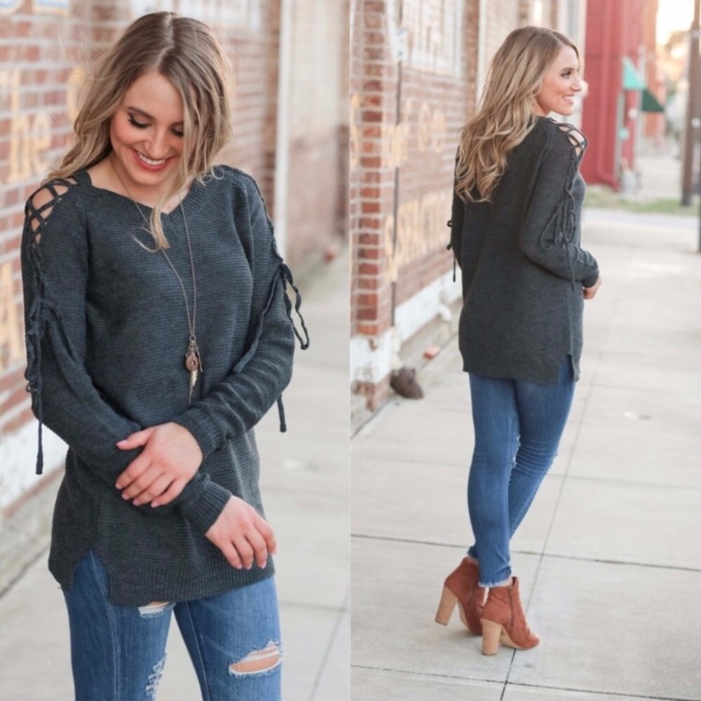 2 LEFT - Lace up Sleeves Sweater
